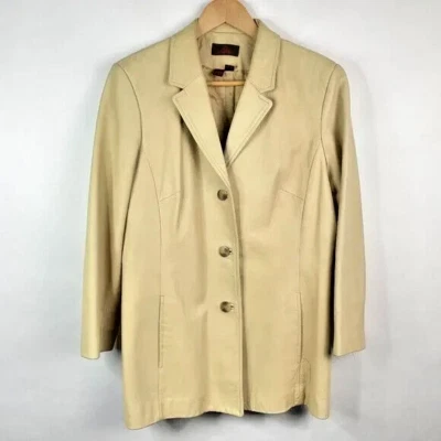 Blazer chaqueta vintage Danier 100 % cuero genuino con botones, beige/bronceado, talla L Foto 1 de 4