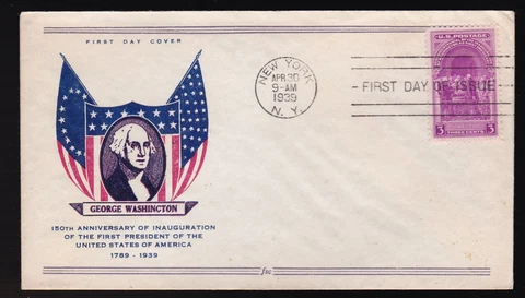 WASHINGTON'S INAUGURATION #854 US FIRST DAY COVER 1939, FIDELITY CACHET FDC Cover