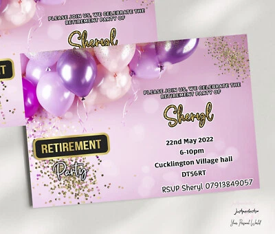 Retirement Pink Rose Gold party Invitations,Personalised Leaving work invites - Image 1 of 4