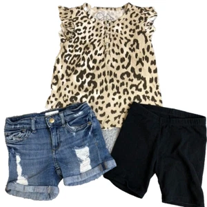 Chaser Leopard Print Tee DL1961 Piper Cuffed Shorts Lot Summer Rocker Girls 5 - Picture 1 of 5