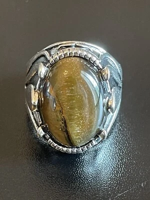 Anillo Piedra Ojo de Tigre Natural S925 Plateado Hombres Mujeres Talla 7.75 Foto 1 de 4