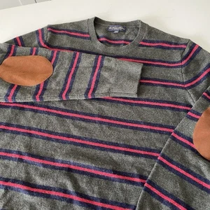 BROOKS BROTHERS GREEN/RED STRIPED LAMBSWOOL SWEATER WITH ELBOW PATCHES SZ XXL - Picture 1 of 8