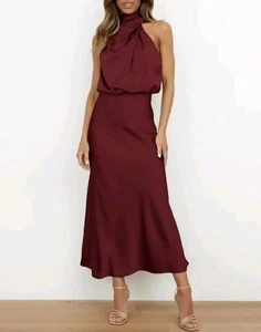 Women's Long Formal Satin Stand-Up Collar Sleeveless Flowy Maxi Dress S/M - Picture 1 of 7