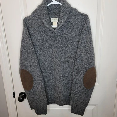 LL Bean свитер мужской большой серый ягненка шерсти шаль воротник локоть нашивка пуловер - Изображение 1 из 4