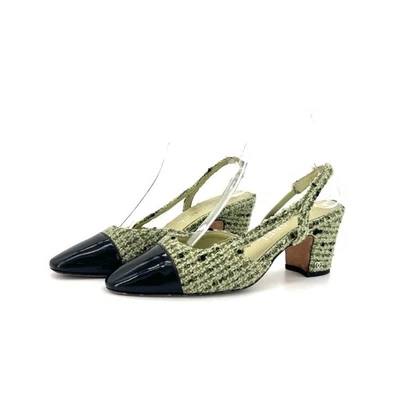 Sandalias Chanel CC Logo Verde Lana Tweed Charol Puntera Tacón Cordón 37 Foto 1 de 4