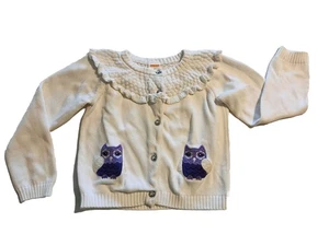 Gymboree White Classic Cardigan 4T with Ruffled Collar Purple Owl Accents - Picture 1 of 6