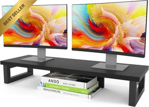 Dual Monitor Stand Riser Wood Steel Desktop Shelf for PC Laptop Printer TV - Picture 1 of 12
