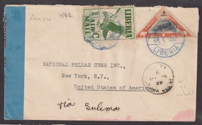 Liberia 1942 cubierta censurada franqueada mixta a Nueva York Foto 1 de 2
