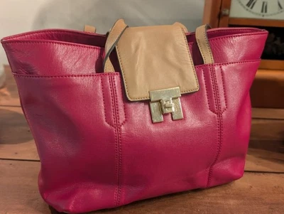 Tommy Hilfiger Tote Bag – Pink & Tan Leather Handles Gold Hardware Purse Handbag - Image 1 of 4