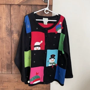 Quacker Factory Christmas Sweater Womens 1X Snowman Cardigan Not Ugly Beaded VTG - Picture 1 of 13