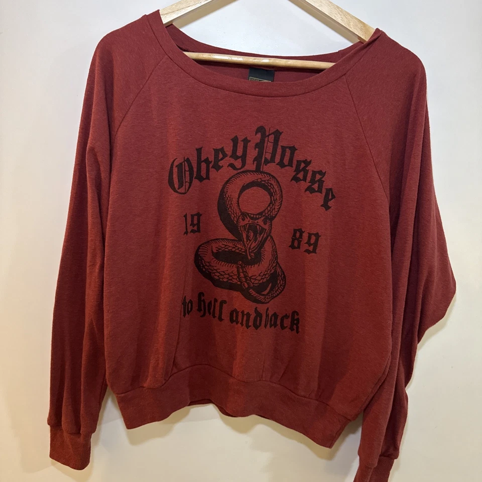 Obey Women's Red Crewneck Long Sleeve Graphic Shirt Size Small - Image 1 of 4
