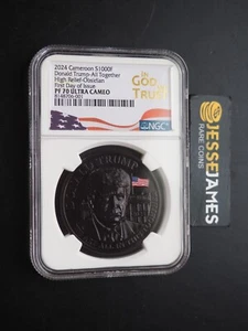 2024 CAMEROON PROOF SILVER OBSIDIAN DONALD TRUMP NGC PF70 HR FDI 1 OZ .999 - Picture 1 of 6