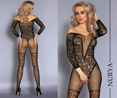 LivCo Nurya Ouvert Catsuit Bodystocking Schritt Offen schulterfrei Schwarz S L - Bild 1 von 4