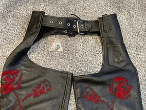 First Genuine Leather Chaps Womens Sm Black Red Suede Rose Biker Western Vintage - Picture 1 of 23