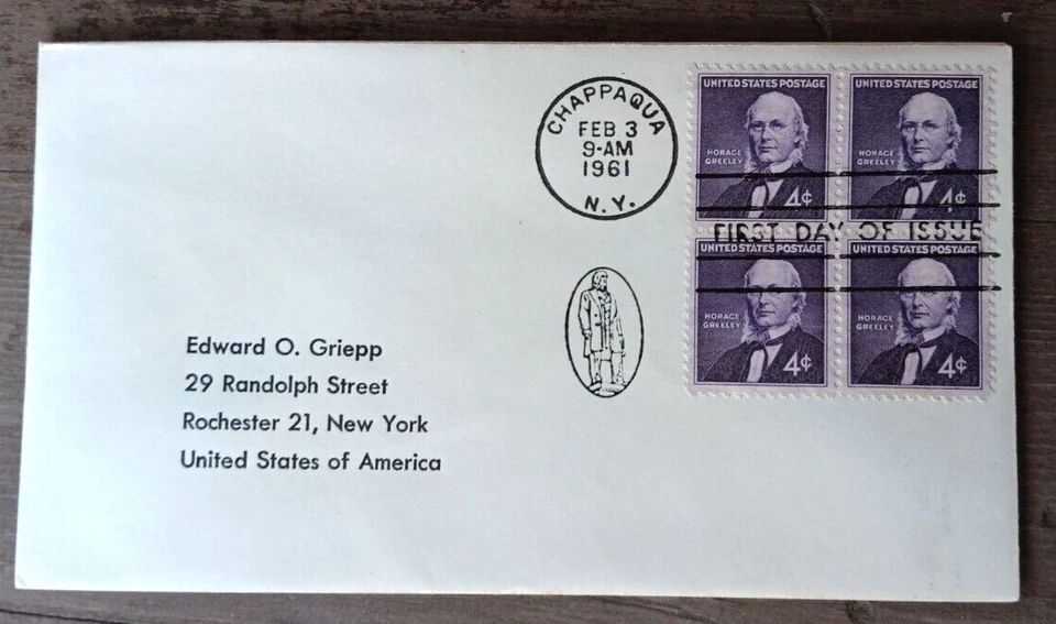 HORACE GREELEY JOURNALIST GO WEST YOUNG MAN STAMP BLOCK 1961  NO CACHET FDC - Image 1 of 1