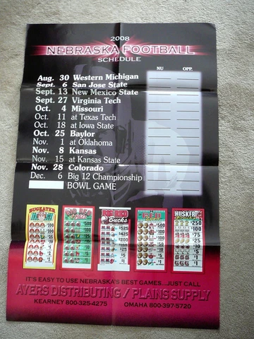 NEBRASKA CORNHUSKERS FOOTBALL 2008 SCHEDULE POSTER AYERS DIST 23.5x35.5 NM Cover