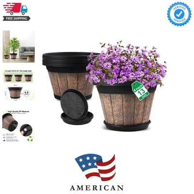 大型塑料花盆 4 件套 13 英寸,威士忌桶花盆带 Dr... — 第 1/4 张图片