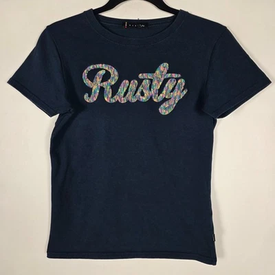 Tabla de surf oxidada Happy Face colorida camiseta azul manga corta mediana para mujer Foto 1 de 4