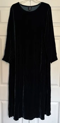 Maxi Vestido Eileen Fisher Terciopelo Aplastado Mezcla Seda Mangas Largas Verde Oscuro Grande Foto 1 de 4