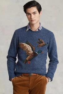 NWT Polo Ralph Lauren Blue Suede Patch MALLARD DUCK Wool Knit Sweater Medium - Picture 1 of 4