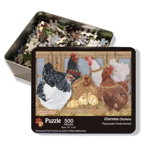 Chicken Group Jigsaw Puzzle, 500-piece with reusable Tin, from painting by Mary - Picture 1 of 3