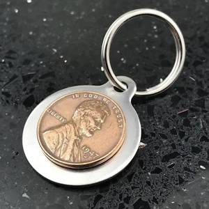 Stainless Steel Key Chain w/ Vintage Lincoln Head Penny 1 Cent B10 - Picture 1 of 1
