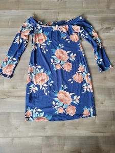 NEW Pink Blush Maternity Small Dress Navy Floral Off the Shoulder 3/4 Sleeve - Picture 1 of 5