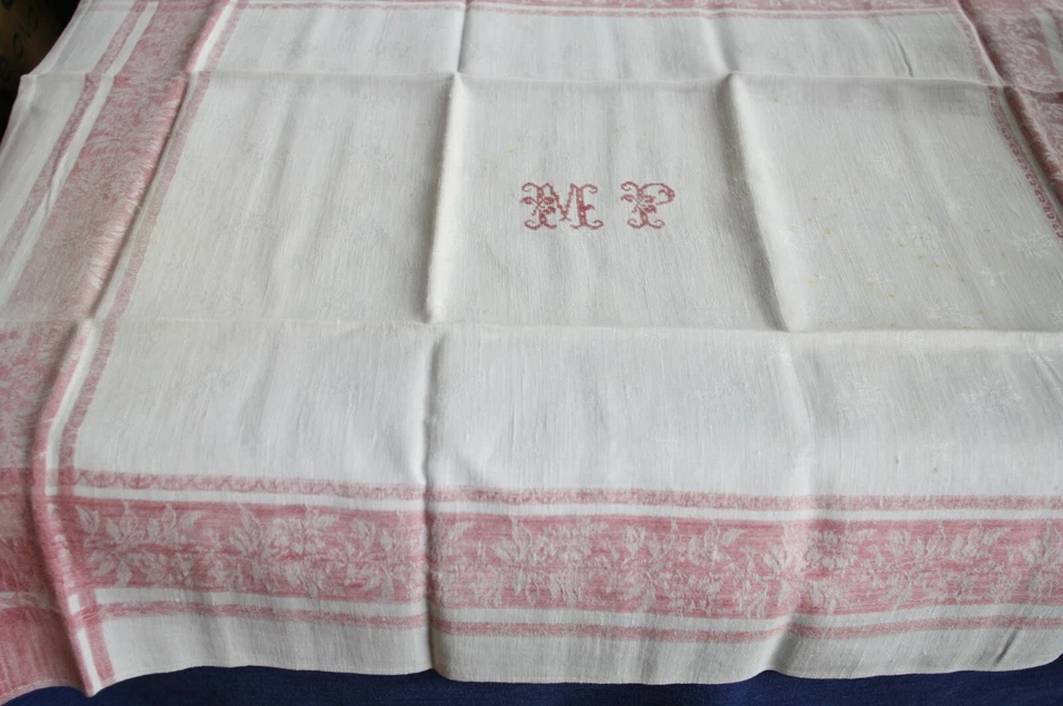 Lot N°22 de 6 serviettes de table damassé monogramme MP & liteaux rouges Usagées - Photo 1/4