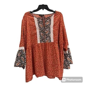 Suzanne Betro Women’s Top Blouse Boho Bell Sleeves Paisley Floral Orange 3X - Picture 1 of 7