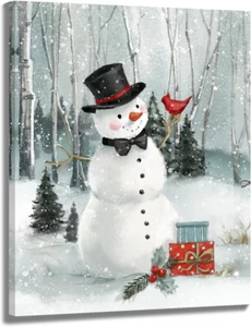 Snowman Decor Christmas Wall Art Canvas: Winter Scene Pictures Prints - Cardinal - Picture 1 of 9