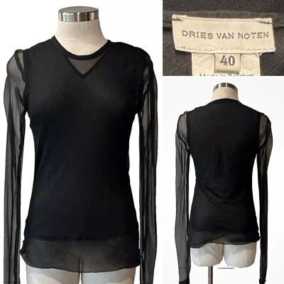 DRIES VAN NOTEN Negro 100% Seda Gasa + Jersey Doble Capa L/Slv Top 40IT/SM Foto 1 de 4