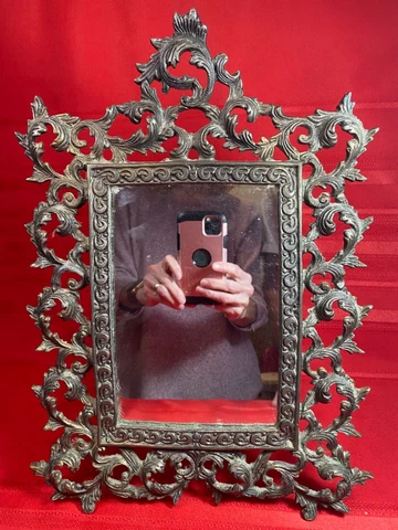 Antique Brass Metal MIRROR Victorian Easel Table Large Ornate Heavy 15" x 10.75" Cover