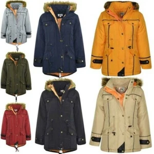 Kids Coat Girls Fleece Parka Jacket Long Faux Fur Hooded Summer Coats Age 7-1 - Picture 1 of 17