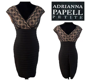 ADRIANNA PAPELL PETITE Lace Banded Cocktail Dress Womens 8P Black Nude NEW $160 - Picture 1 of 15