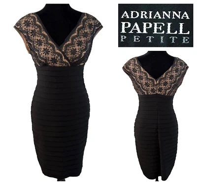 ADRIANNA PAPELL PETITE Lace Banded Cocktail Dress Womens 8P Black Nude NEW $160 - Image 1 of 4