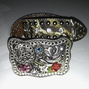 Nocona Western Camo Belt Rhinestone W/BigBuckle 3 3/4" Sz M Peace Rose Cross Stu - Picture 1 of 24