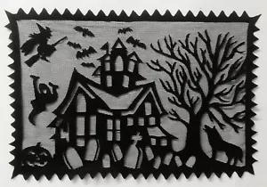 Haunted House Lace Doily 13.5" x 20" Halloween Black Dining Room Den - Picture 1 of 4