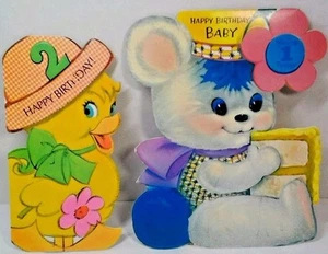 2 tarjetas de cumpleaños flocadas Bear Bunny Duck vintage firmadas - Imagen 1 de 6