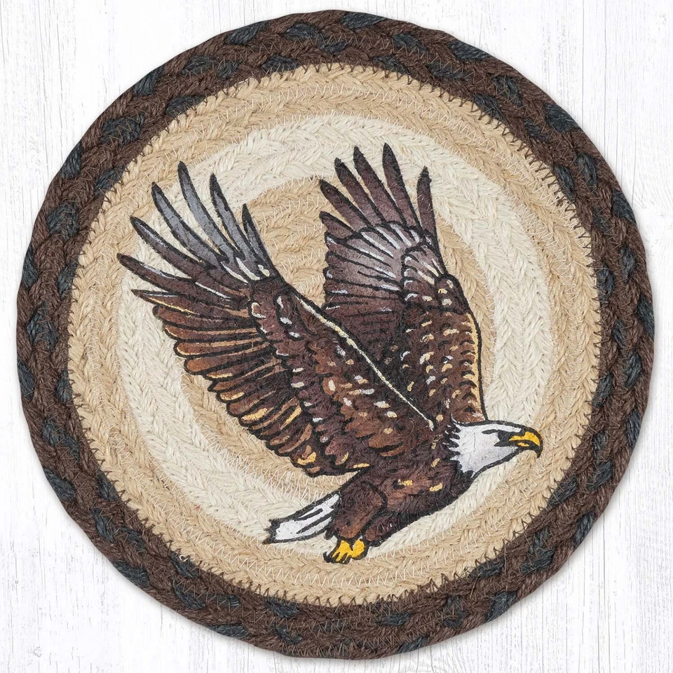 CAPITOL EARTH RUGS Bald Eagle Flying 10" Round Trivet Candle Mat, Braided Jute, Earth Rugs