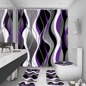 4Pcs Purple Shower Curtain Sets with Non-Slip Rugs, Toilet Lid Cover and Bath Ma - Picture 1 of 8