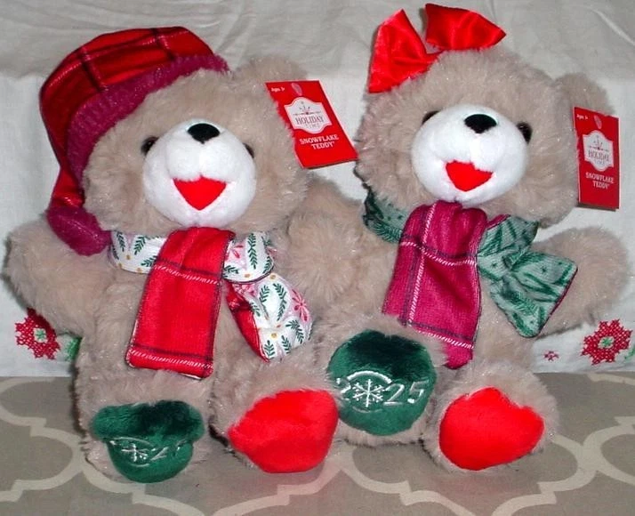 2 WalMART CHRISTMAS Snowflake 2025 TEDDY BEAR Tan Boy&GirL 11" Red Outfit New