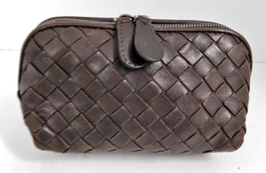 BOTTEGA VENETA Pouch intrecciato Woven Leather Purse Make up Bag Dark Brown - Picture 1 of 6