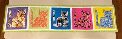 Cat Lover Quilt Table Runner Bright Handmade OOAK 51x12.75” - Image 1 of 4