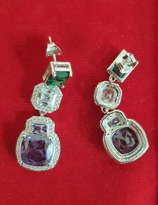 Women's Lab Created Amethyst Emerald Drop Dangle Earrings 14K White Gold Plated - Image 1 of 4