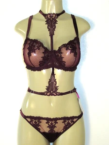 Fleur of England Bordeaux Spitze Balkonett BH 36D Panty Gr. M + Harness tiefrot - Bild 1 von 10