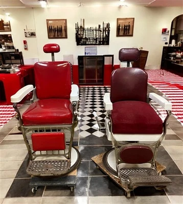 Pair of Vintage Red Barber Chairs, Mid Century Barbershop Salon Chair, Cast Iron - Image 1 of 4