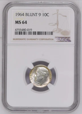 NGC MS 64, 1964 D BLUNT 9 10C  COLOR  - Image 1 of 4