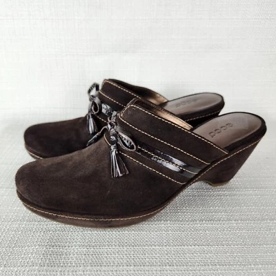 Ecco Zapatos Para Mujer 40 EE. UU. 9-9.5 Beja Borla Mules Zuecos Gamuza Cuero Marrón Oscuro Foto 1 de 4