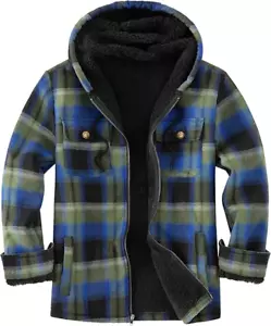 Men's Flannel Plaid Hooded Jacket Full Zip Sherpa Fleece Lined Hoodie Warm Coat - Picture 1 of 30