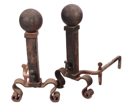Rare Antique Revolutionary War Valley Forge Cannonball Wrought Iron Andirons Cover
